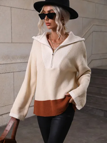 Ladies Zipper Opening Knitting Pullover Women Opening Collar Sweater