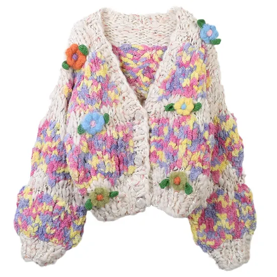 Colorful Handmade Floral Long-Sleeved Loose Lazy Knitted Cardigan