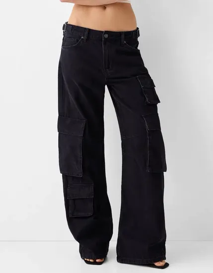 Ladies Jeans Baggy Pants, High Rise Multi Pockets Boyfriend Style, Denim Clothing, Wide Leg Cargo Pants
