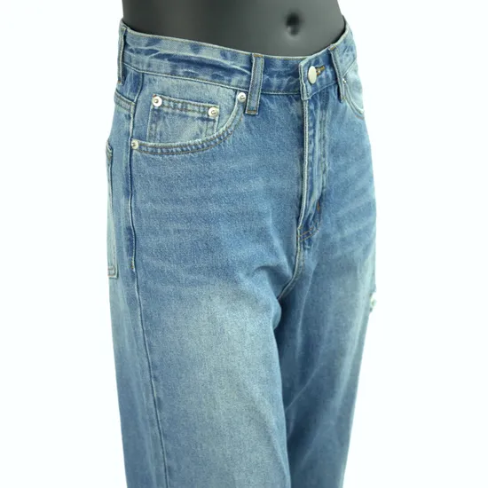GM06 Stylish Ladies&prime; Pants Women&prime;s Wide Leg Frayed Hem Denim Jeans