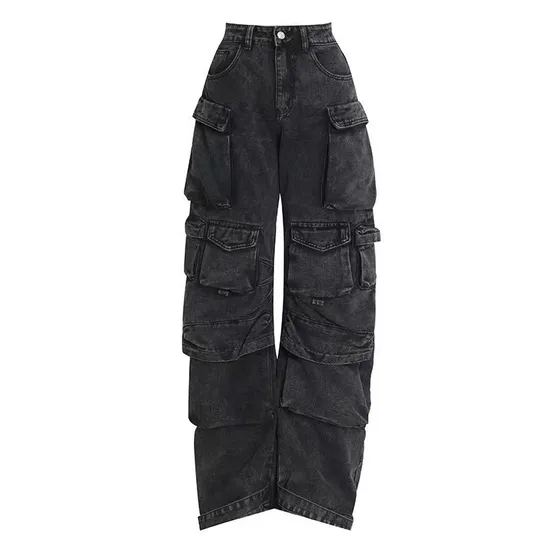 Ladies Jeans Baggy Trousers High Rise Multi Pockets Boyfriend Style Wide Leg Cargo Jeans