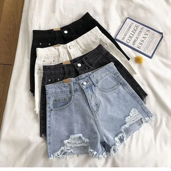 Women Denim Shorts Middle Waist with Side Pockets Summer Hot Straight Leg Denim Short Pants Jeans