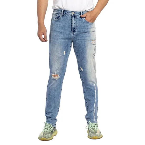 Custom European Style Vibrant Blue Washed Hip Pop Stretch Men Denim Jeans