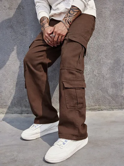 Men Flap Pocket Cargo Jeans Fashion Long Pants Multi Pockets Custom Logo Trousers Wholesale Clothing
