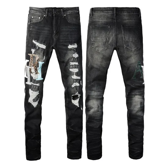 Wholesale Designer Man Clothing High Quality Patch Ripped Denim Trousers Slim Fit Jeans Pants for Men