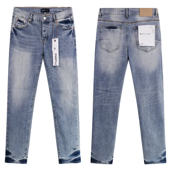 Purple Vintage Purple Straight Jeans with Distressed Holes and Water Wash