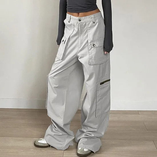 Ladies Designer Long Plus Size Relaxed Fit Utility Low Rise Grey Cargo Trousers Pants Womens with Zipper Pockets