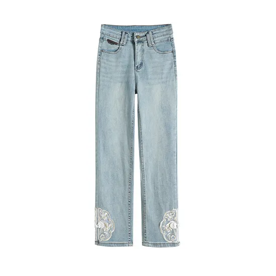 2024 Women′s Fashion National Style Embroidery Hundred with Straight Trousers Casual Jeans