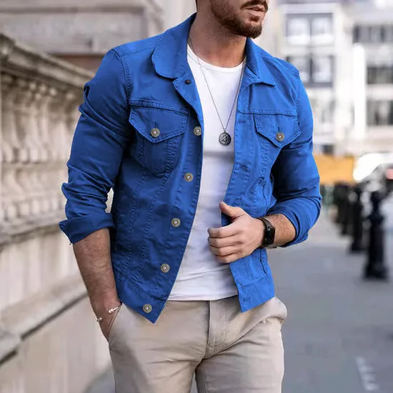 Trendy and Fashionable Leisure Slim Fitting Men′s Denim Coat with Multiple Pockets and Single-Row Button Cargo Jacket