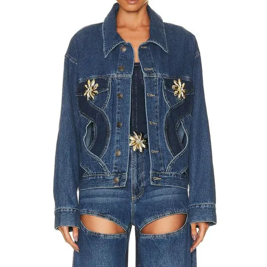 Autumn Street Fashion Cutout Design Love Pattern Shiny Rhinestone Denim Jacket for Women