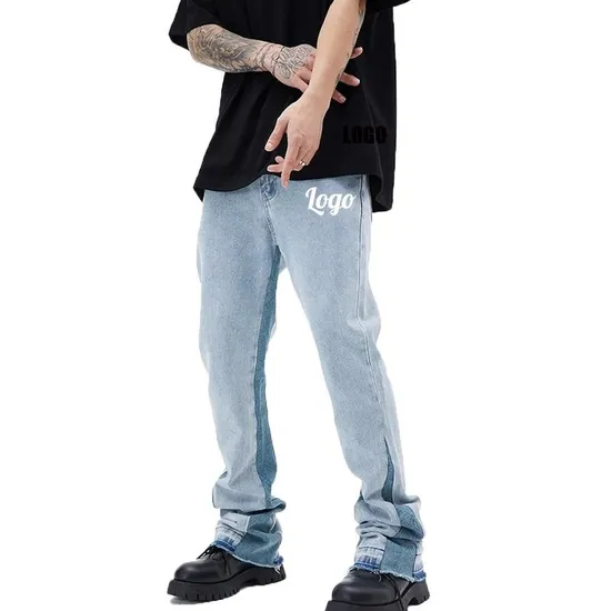Wholesale High Quality Custom Logo High Quality Men′s Casual Blank Patchwork Denim Pants Stacked Flare Slim Fit Jeans Men