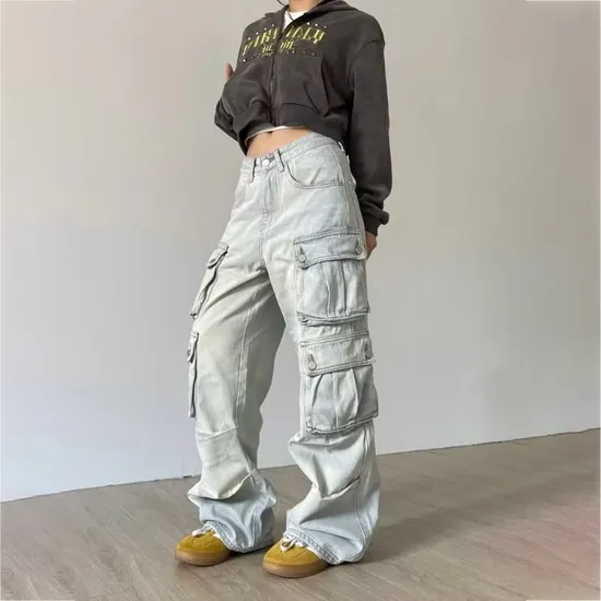 Utility Baggy Ladies Cargo Pants Trousers with Multi Pockets Loose Fit Women′s Jeans Denim Cargo Pants Women