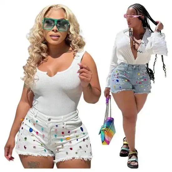 New Fashion Plus Size Colorful Crystal Denim Booty Shorts Sexy Summer Clothes Women Diamond Tassel Ripped Jeans Shorts