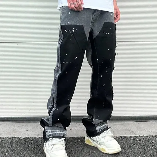 Men′s Jeans European Ink Spray Flared Pants Men′s Contrast Street Denim Clothing Hem Split Mens Loose Pants