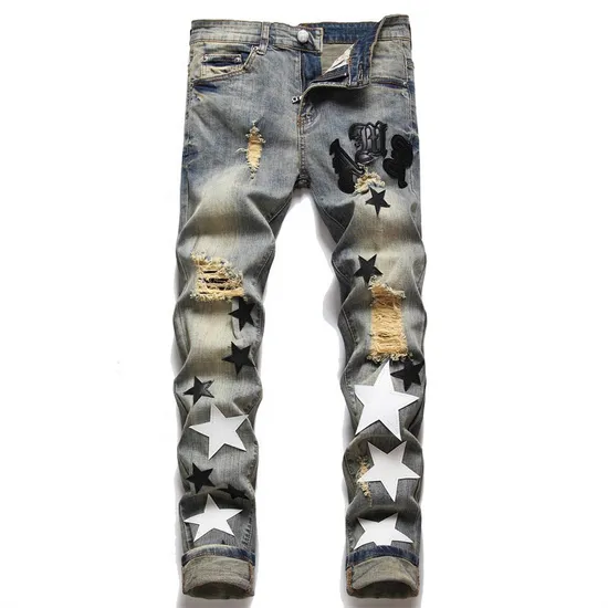 New Fashion Design Streetwear Trending Clothes Denim Jeans Stretch Skinny Men′s Jeans Star Patches Stacked Ripped Jeans