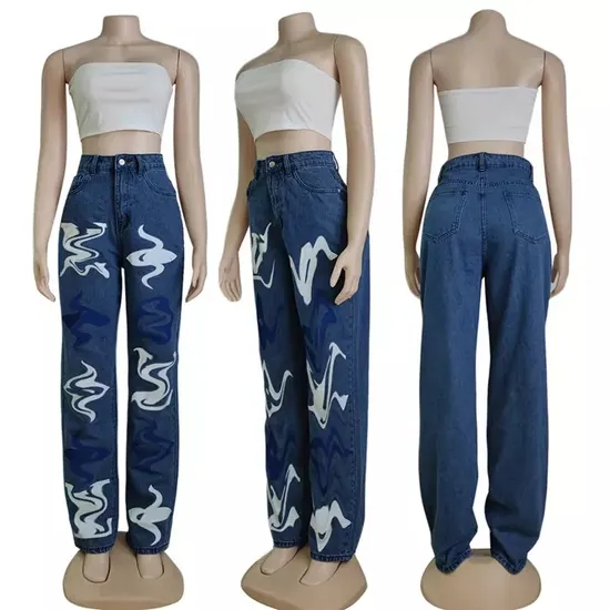 Woman High Waist Printed Wide Leg Jeans