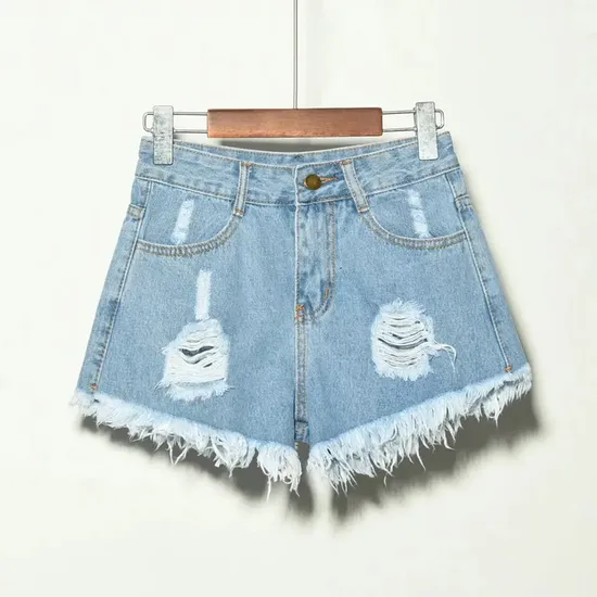 Summer Broken Hole Women Denim Summer Shorts Bale Zipper Fly Pockets Frayed Raw Ripped Denim Short Jeans for Women
