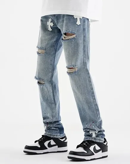 Fashion Straight Men′s Jeans Retro Design Digital Print Washed Ripped Jeans