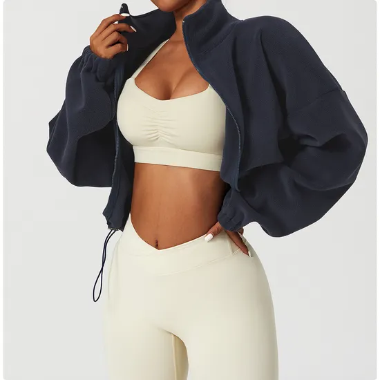 Women′s Zipper Crop Top Jacket Women Velvet Sports Jacket Autumn Stand Collar Casual Yoga Jacket for Women