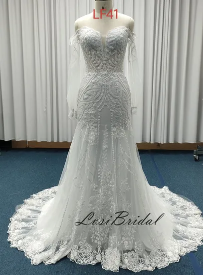 Lf41 Sweetheart Neckline and Long Sleeve Wedding Bridal Dress with More Lace and Heavy Beads Wedding Dress with Mermaid Skirt Long Train Dress 2024 New Style
