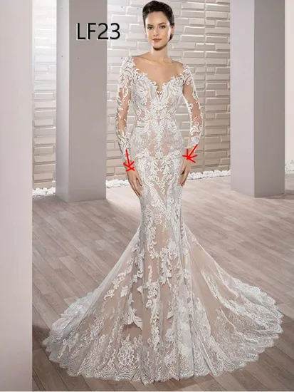 Lb23 Long Sleeve V Neckline Beading Lace with Wedding Dress 72 Inch Train Mermaid Skirt White