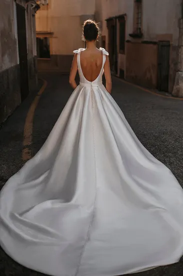 Sleeveless Plunging V Neckline A Line Long Train Satin Affordable Wedding Dresses