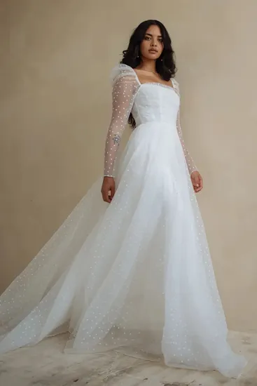 7new Arrival Ladies off Shoulder Lace Long Sleeve Wedding Dress Sweep Floor Length White Wedding Dresses