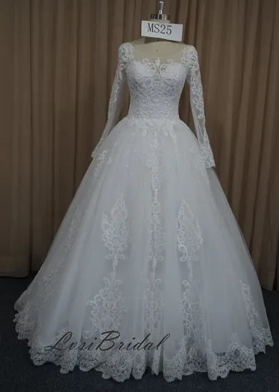 25 Round Neckline and Long Sleeve Wedding Dress with Ball Gown Tulle Skirt Desses with Detachable Train Bridal Wedding Gown for Wholesale