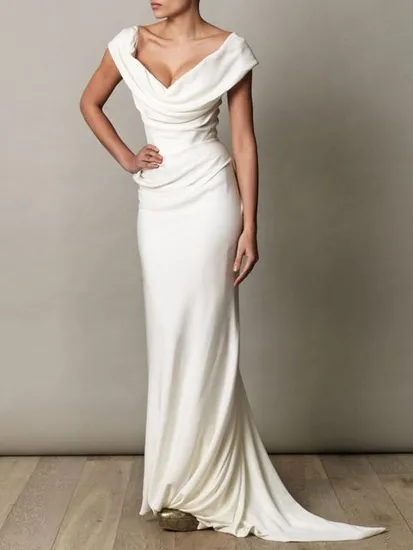 off Shoulder Bridal Wedding Dresses V-Back Jersey Wedding Gown F28105