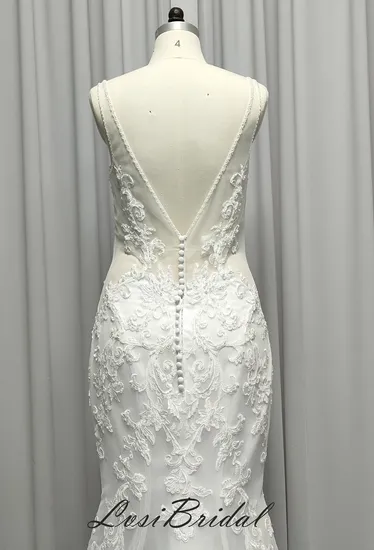 301 Deep V Neckline and Shoulder Wedding Dress with Tulle Mermaid Skirt Bridal Wedding Dress with Sequins Beads Tulle and Long Train Dresses with Wholesale