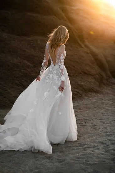 Sexy Plunging V Neckline Beaded Lace A Line Long Sleeve Ivory Wedding Dresses