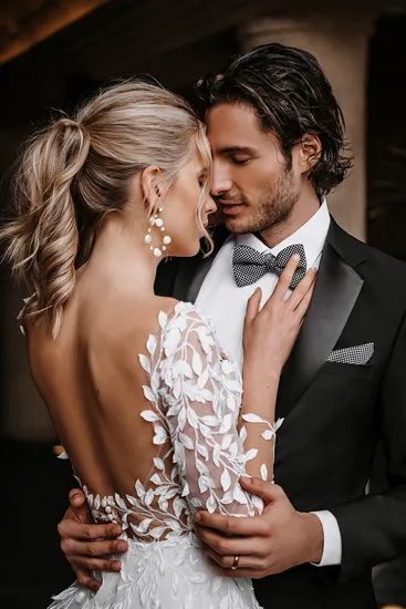 Custom Made Plunging V Neckline Open Back Long Train A Line Lace Long Sleeves Wedding Gowns