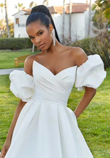 Fashion Strapless Satin A Line Open Back Long Train Detachable Sleeves White Wedding Dress