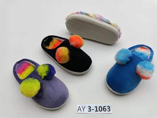 Colorful Stripe Ball Plush Thick Sole Women Winter Warm House Slipper