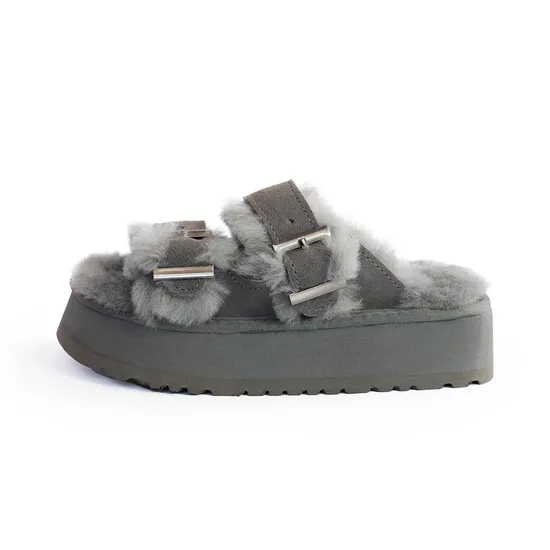 Ladies Lovely Birken Style Cute Sheepskin Indoor Home Slippers with Adjustable Buckles