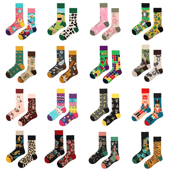 Xianghui Wholesale Custom Asymmetrical Design Colorful Christmas Cotton Happy Socks with Character
