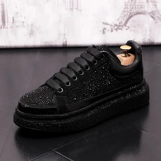 Luxury Designer Black Rhinestone Business Wedding Shoes Fashion Causal Flats Male Thick Bottom Rock Walking Loafers Hip Hop Crystal Sneakers