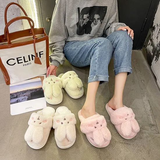 Warm Skidproof Soft Rabbit Animal Bunny Ears Women Plush Slippers