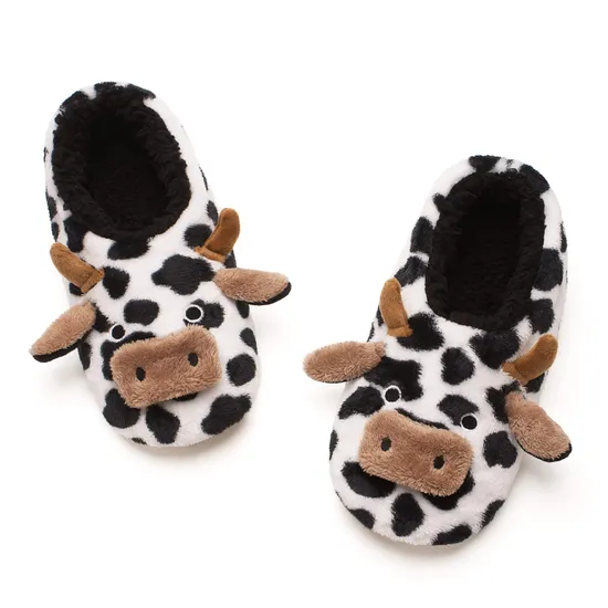 Home Indoor Anti Slip Cartoon Animal Cow Plush Slippers for Woman