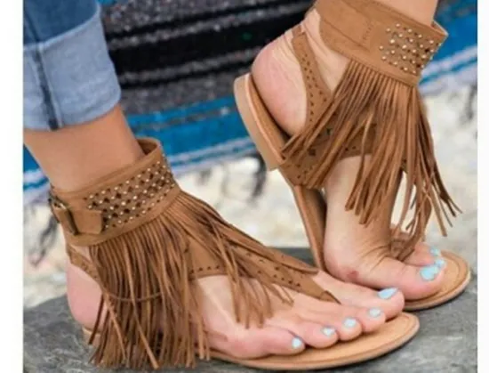 Womens Flat Sandals Suede Tassels Thong Sandals Flip Flops Fringe Sandal Ankle Buckle Design Summer Beach Sandals Elastic Casual Sandals Esg13837