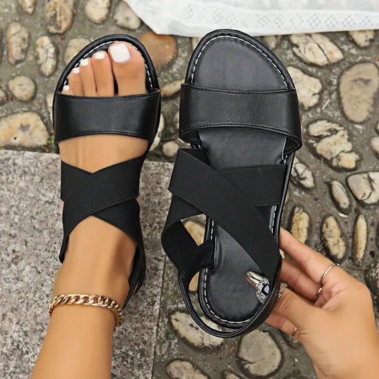 Summer Ladies Comfortable Open Toe Large Size Flat Leather Elastic Beach Casual Slides Slippers Women Sandals