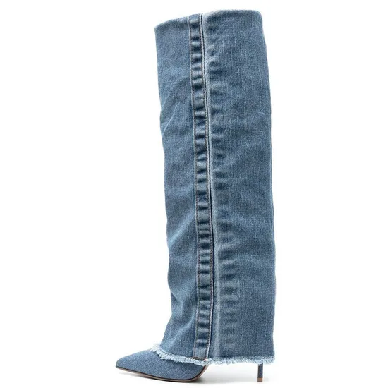 High Heel Jean Fold Over New Arrivals Denim Above Knee High Boots Ladies Size 46 Women Shoes