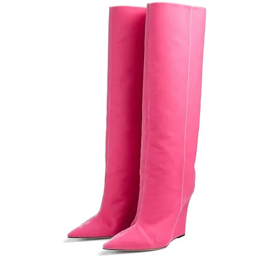 Fallshoes Hiqh Heel Knee Hiqh Fushia Wedge Heel Boots for Women