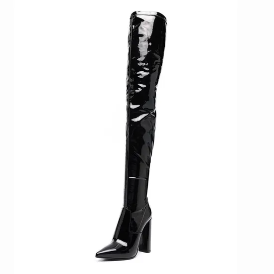 Women Pointedtoe Black Chunky Heel Over The Knee Boots Winter Long Boot