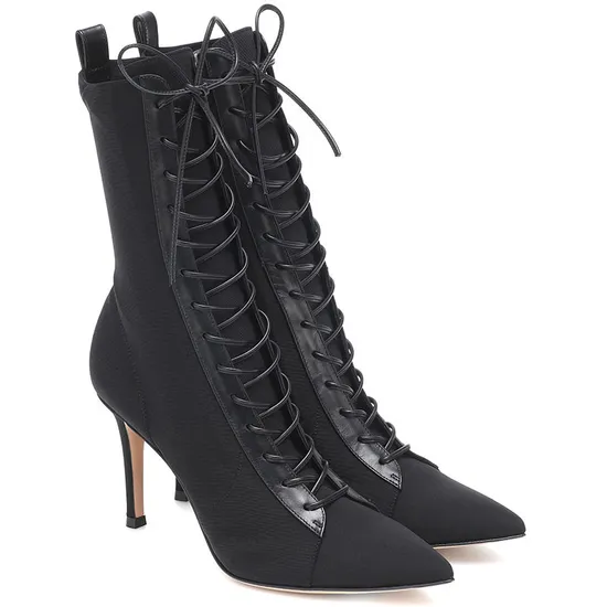 Fashion Boot Heels Women Booties Fall Black Lace up Ladies Ankle Boots