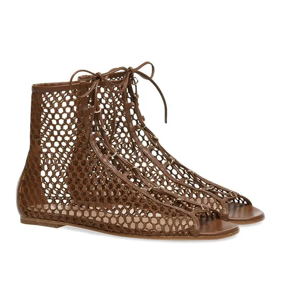 Latest Brown Fishnet Ankle Boots for Women Summer Open Toe Flat Large Size