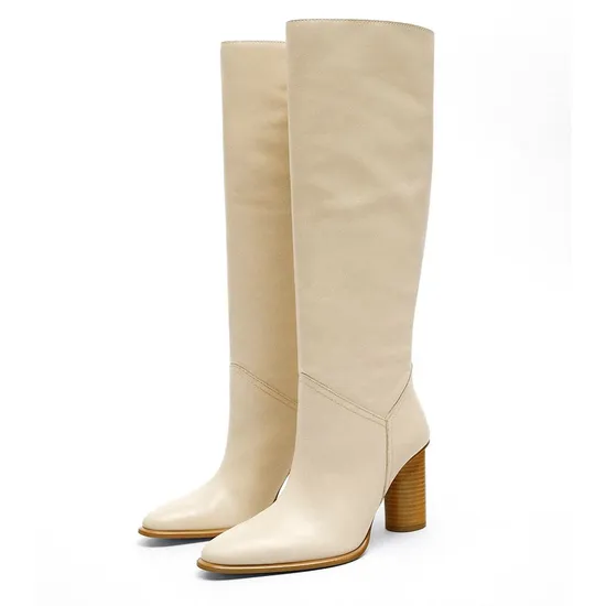 Elegant White PU Leather Plus Size Knee High Boots High Heels Chunky Square Heel Pointed Toe Boots for Women