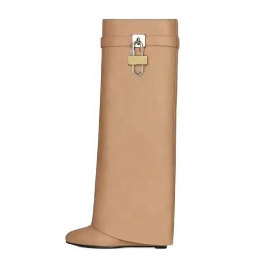 Wholesale Shoe Suppliers Fashion Wide Calf Overlay Wedge Knee High Heel Fold Over Shark Lock Boots with Lock Winter