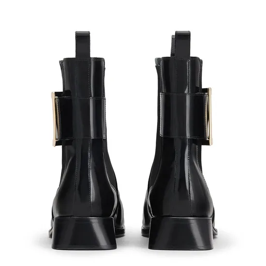Shiny Patent Leather Booties Metal Buckle Square Toe Chunky Heel Chelsea Slip on Ankle Boots Women Shoes Lady Plus Size