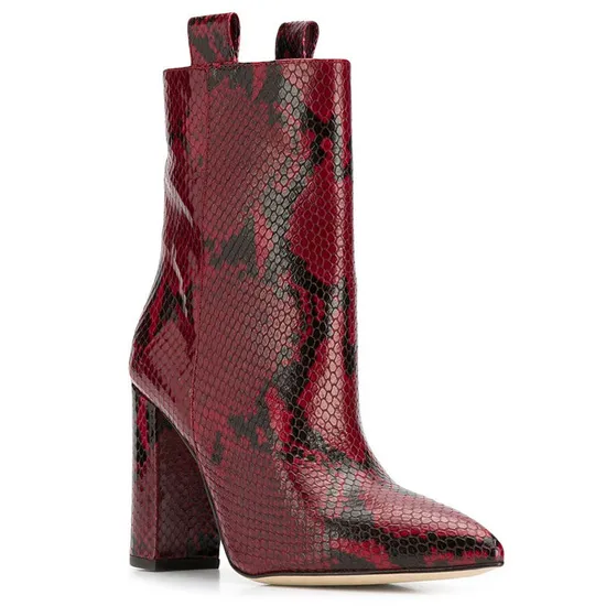 Pointed Toe Slip on Snake Print Women Chunky Heel Ankle Boots